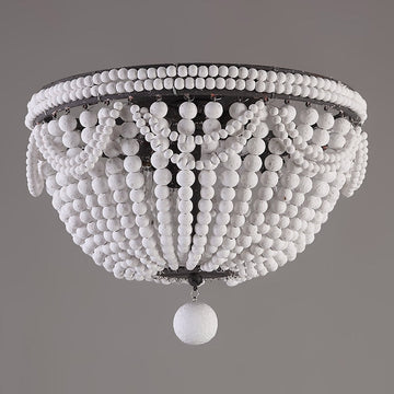 Retro Farmhouse Distressed White Wood Bead Cascade 3-Light Dome Shaped Flush Mount Ceiling Light in Rust